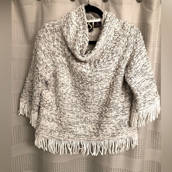 Petite Textured soft ivory and black cowl neck sweater with fringe - Picture 2 of 6